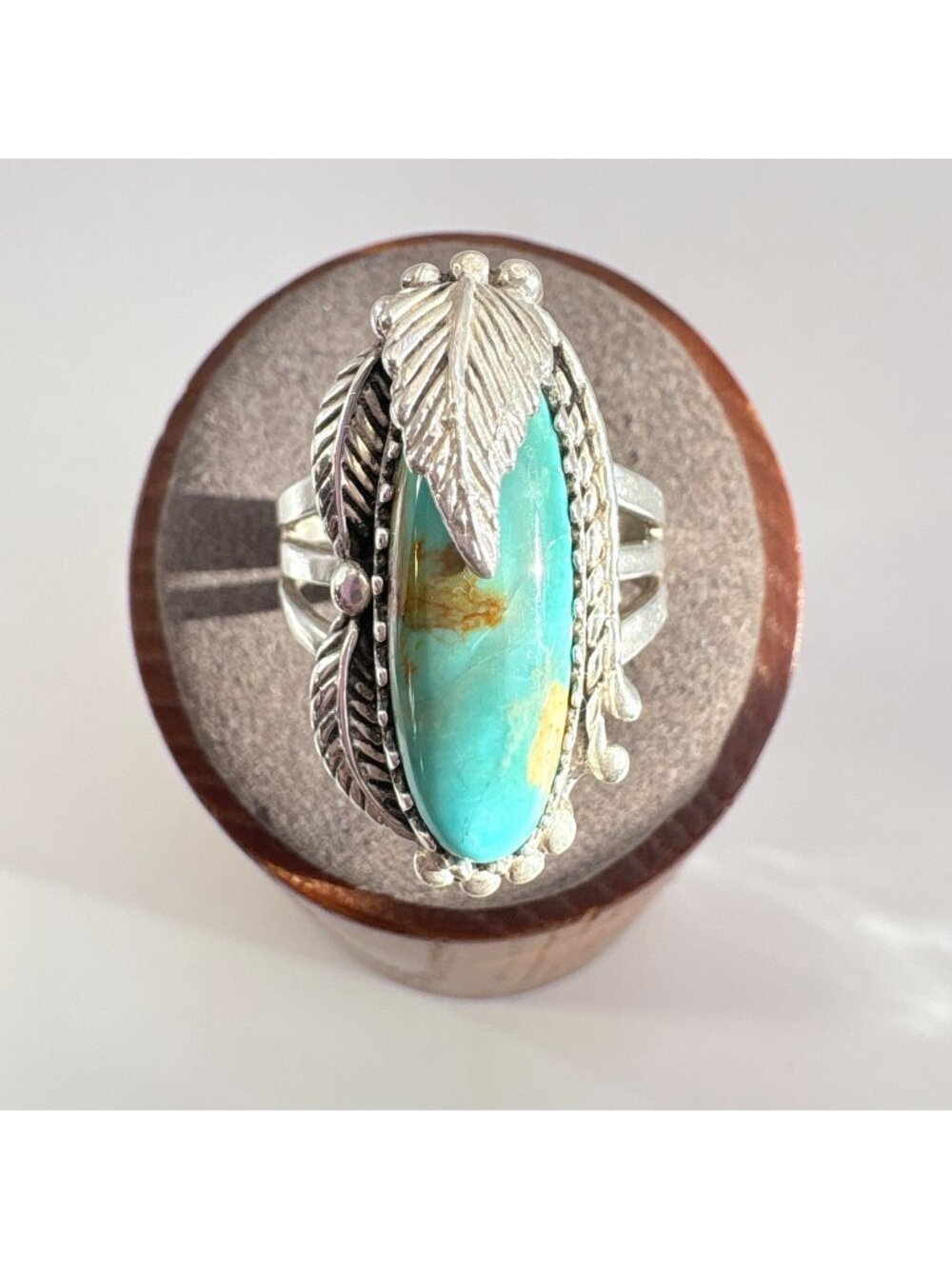 Turquoise Leaf Design Statement Ring VTG Solid Sterling Silver 925 Size 8.75